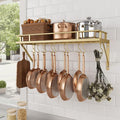 KES 30-Inch Gold Pot Rack, Wall Mounted Hanging Pot and Pan Organizer | 12 Sturdy Hooks, Elegant Modern Kitchen Wall Hanger Shelves, KUR215S75A-GD