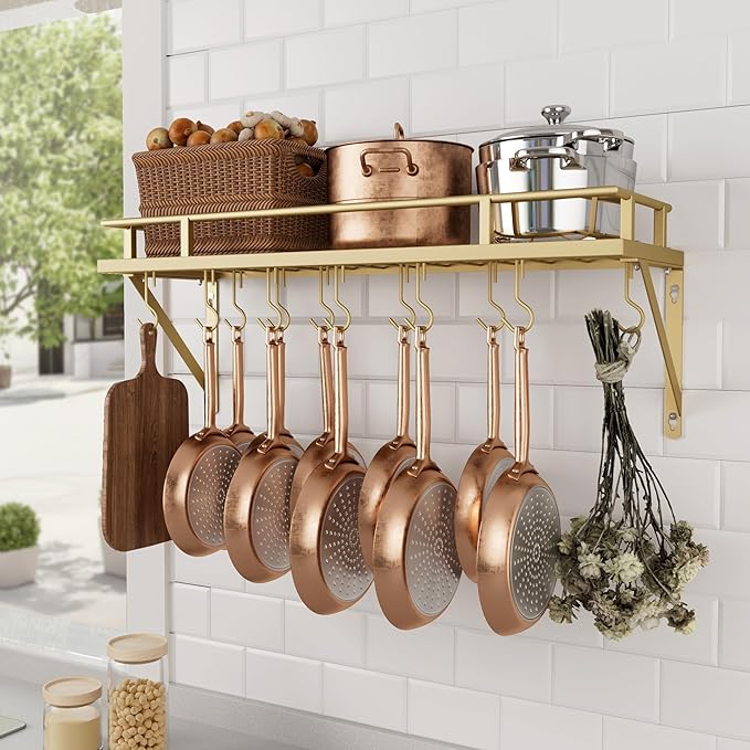 KES 30-Inch Gold Pot Rack, Wall Mounted Hanging Pot and Pan Organizer | 12 Sturdy Hooks, Elegant Modern Kitchen Wall Hanger Shelves, KUR215S75A-GD