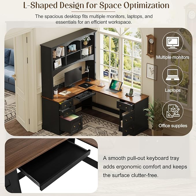 Merax L Shaped Desk Black, Corner Computer Desk with Charging Station & Keyboard Tray, Home Office Desk with File Drawers & Hutch, Space Saving Workstation for Office Study and Gaming