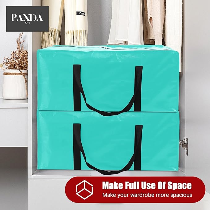 PANDA JOYS 12 Pack Extra Large Moving Bags with Zippers & Carrying Handles, Heavy-Duty Storage Tote for Space Saving Moving Storage, Fold Flat, Alternative to Box and Bin,Aquamarine