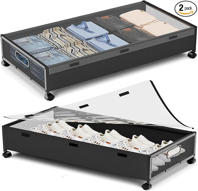 KITHELP Under Bed Storage with Wheels,2 Pack Under Bed Shoe Storage, Under the Bed Storage Drawers with Remove Window, Extra Large Rolling Under Bed Storage Metal Drawer for Clothes (Black-2 pack)