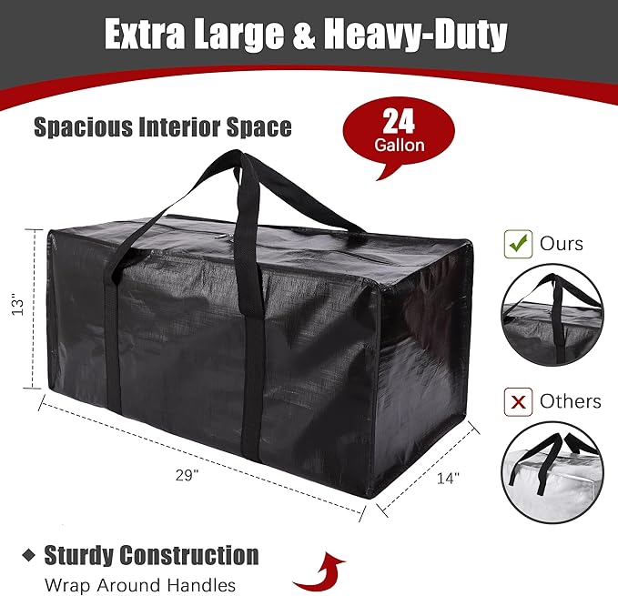 PANDA JOYS Extra Large Moving Bags with Zippers & Carrying Handles, Heavy-Duty Storage Tote for Space Saving Moving Storage, Fold Flat, Alternative to Box and Bin - 12 Pack, Black