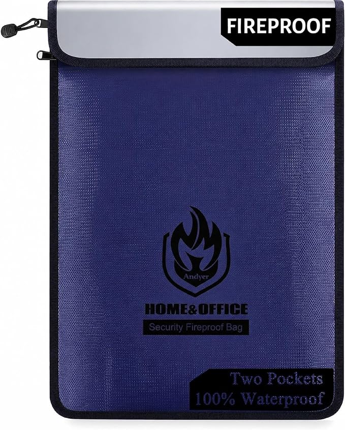 Upgraded Two Pockets Fireproof Document Bag (2000℉), andyer 15”x 11”Waterproof Fireproof Money Bag with Zipper, Fire Safe Waterproof Holder Pouch for Valuables, Legal Documents (Blue)