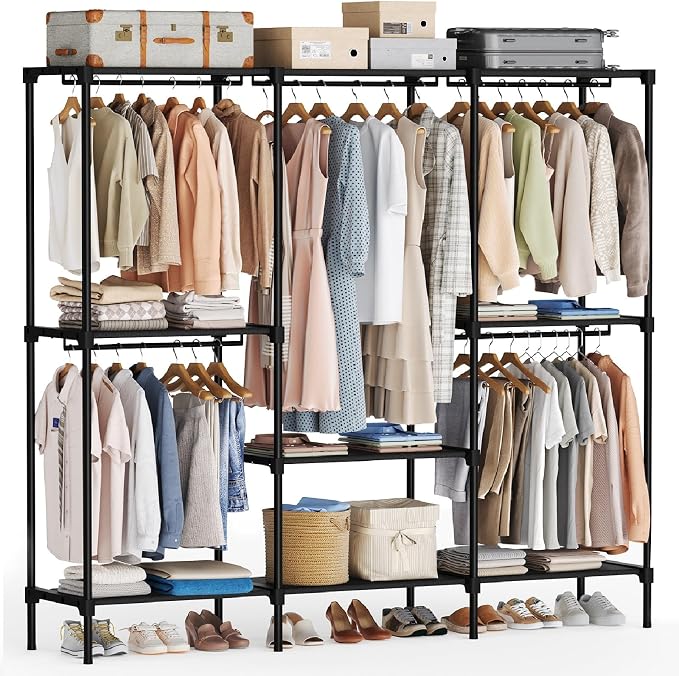 OLIXIS Heavy Duty Clothes Rack, Portable Wardrobe Closet, 81" L, Black | Freestanding Closet Organizer with Hanging Rods, Clothes Rack with Shelves, for Cloakroom, Bedroom