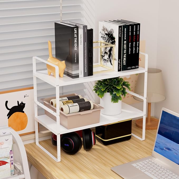 Cabinet Organizer Shelf,Expandable Cabinet Space Rack,Stackable Shelves Adjustable Storage Shelf,Riser for Kitchen Pantry Office,10.24" D,White