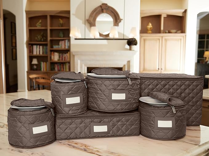 Covermates Keepsakes Dish Storage Set – Padded China & Dinnerware Storage Cases with Dividers, Cup & Stemware Storage, Quilted Polyester Protection, ID Window, Bronze