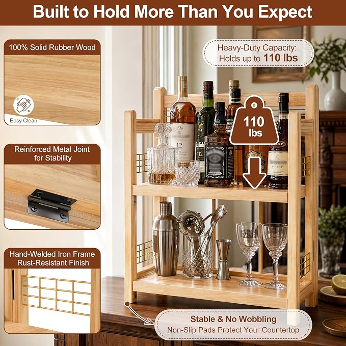 No-Assembly Coffee Bar Organizer, 2-Tier Coffee Station Shelf | Foldable Oak Wood Shelf, Coffee Station Accessories Storage for Syrup & Pod, 3 Hooks for Mugs, Kitchen Condiment Rack Natural