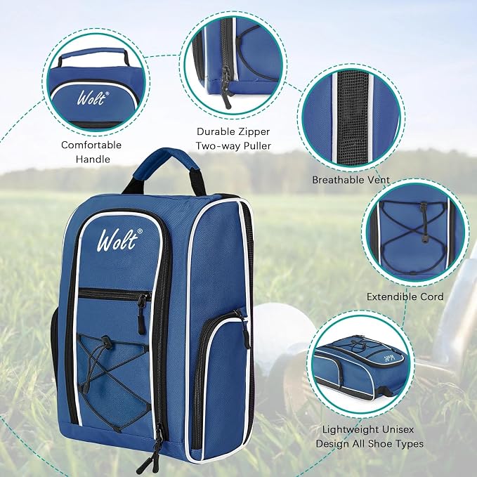 Wolt |Golf Shoe Bag for Travel- Zippered Shoes Carrier Bags with Ventilation & Double Outside Accessory Pocket for Socks, Tees, Golf Balls, Etc. for Women and Men (DarkBlue)