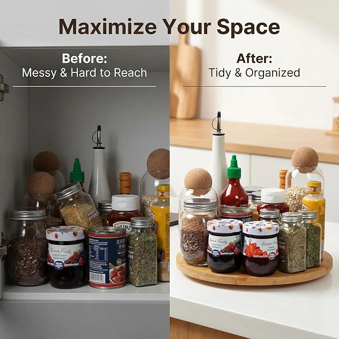 Lazy Susan Organizer for Cabinet, Pantry or Tabletop：11.8" Bamboo 360°Turntable Lazy Susan Organizer for Kitchen, Counter or Spice Rack Storage