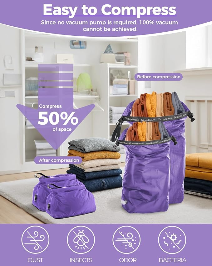 Travel Compression Laundry Bag, Pump-Free Vacuum Space Saver Bag for Dirty Clothes, Reusable Waterproof Wet Dry Bag, Travel Laundry Bag for Luggage, Packing, Suitcase (2 Pcs)（Purple, M + L)