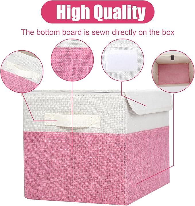 Bagnizer Large 22 Quart Linen Fabric Foldable Storage Bin Cube Organizer Basket with Flip-Top Lid & Handles, Clothes Blanket Box for Home, Office, Closet, Pink & White, 4 Pack 14.6 x 9.5 x 9.5