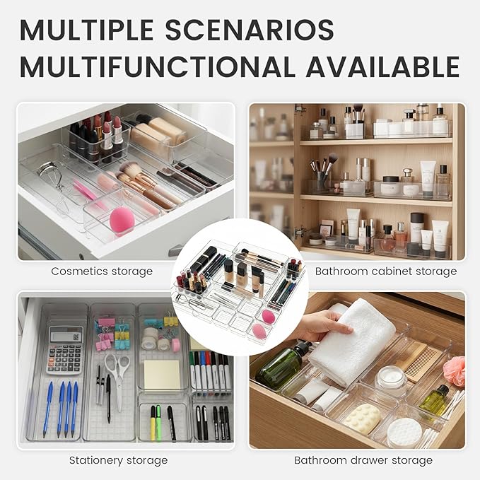 27 PCS Clear Plastic Drawer Organizer Set, 4 Sizes Acrylic Drawer Storage Trays Non Slip Storage Bins for Makeup, Jewelry, Gadgets for Kitchen, Bedroom, Bathroom, Office