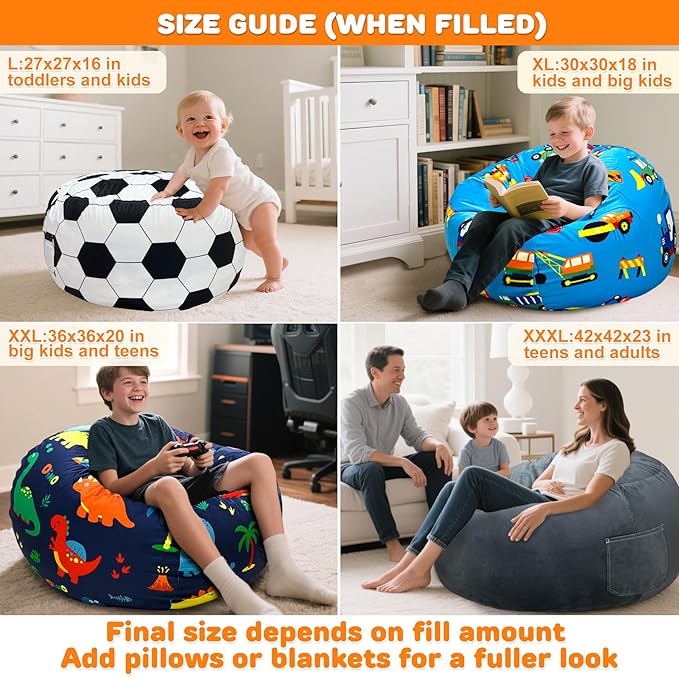 Lukeight Soccer Stuffed Animals Storage Bean Bag Chair Cover Only (Ships Empty, No Filling) - Velvet YKK Zipper Beanbag Cover for Kids Big kids, Washable Plush Toy Organizer, X-Large 30" D x 18" H