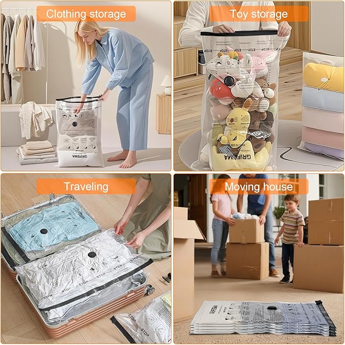 GRIFEMA GH83-8, 6 Pack Vacuum Storage Bags 100x80 cm - Reusable Space Saver Bags for Blankets, Duvets, Clothes, Seasonal Clothing & Travel Luggage Storage