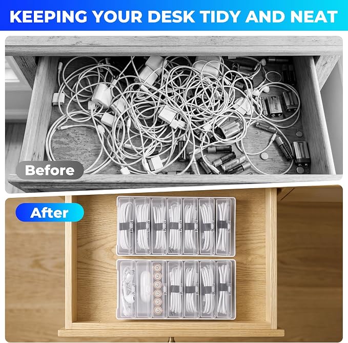 Cable Organizer Storage Box 7 Case Cable Box with Cable Straps and Label Stickers, Travel Cord Organizer for Charging Cables, USB Wires, Earphones – Drawer Organization for Home & Office