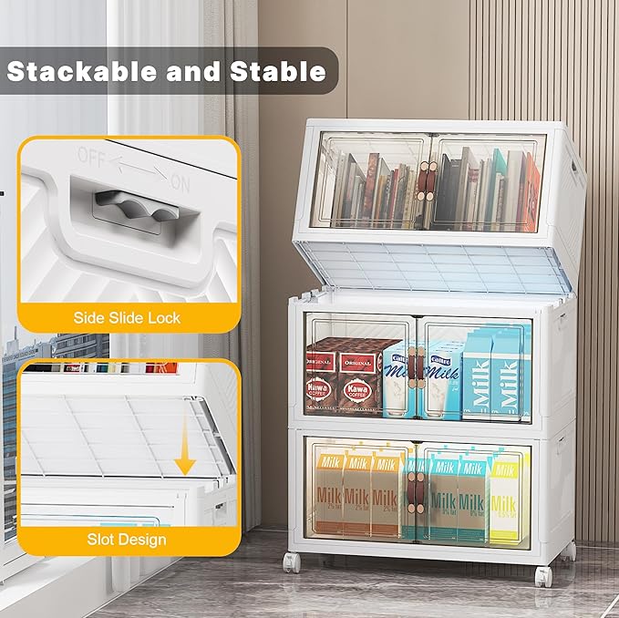 UAMFURI Stackable Storage Bins with Lids, Closet Organizers and Storage with Doors and Wheels, Extra Large Storage Cabinet for Bedroom Office Garage (White-55qt, 3Pack with 1 top lid)