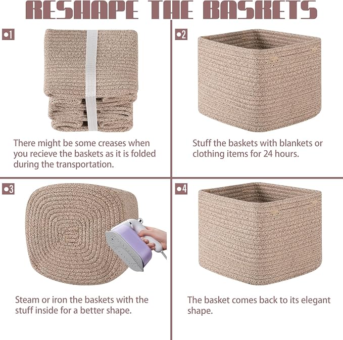 OIAHOMY 9”x9”x7” Storage Cubes, Cotton Rope Woven Baskets for Organizing, Cube Storage Bin, Small Gift Basket for Shelf, 3-Pack, Brown