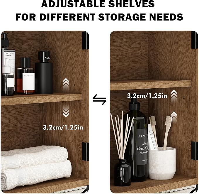 RUSTOWN Rattan Bathroom Wall Cabinet, Boho Over The Toilet Storage Cabinet | Arched Rattan Doors, Modern Medicine Cabinet, Adjustable Shelves, Towel Bar, Rustic Oak