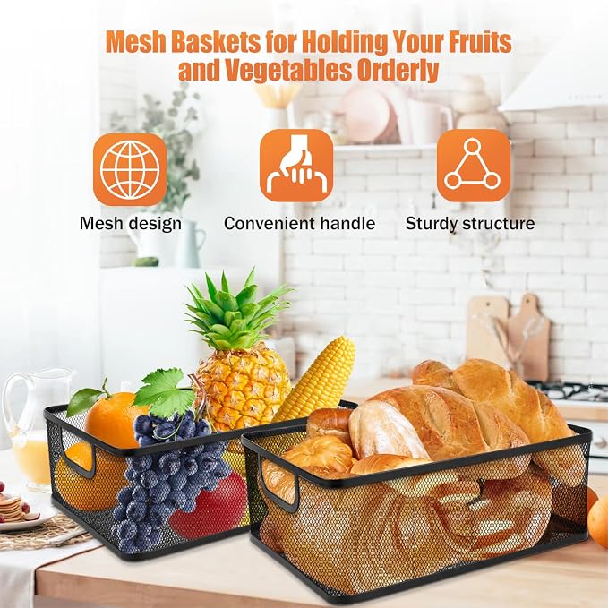2 Pack EsOffcce Metal Mesh Steel Basket, 2 Size Household Food Sundry Storage Basket, Office Desktop Organizer Basket, Versatile Baskets with Handle for Kitchen Pantry Bathroom Home, Rectangle-Black