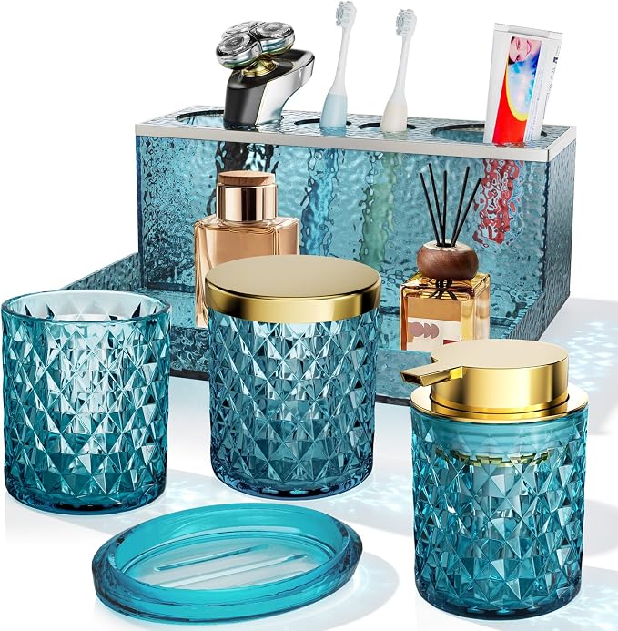 Glass Bathroom Accessories Set 5Pcs Crystal - Foaming Soap Dispenser, Soap Dish, Cup, Acrylic Toothbrush Holder with Tray Organizer, Qtip Jar, Bathroom Counter Set Sink Decor (Teal)
