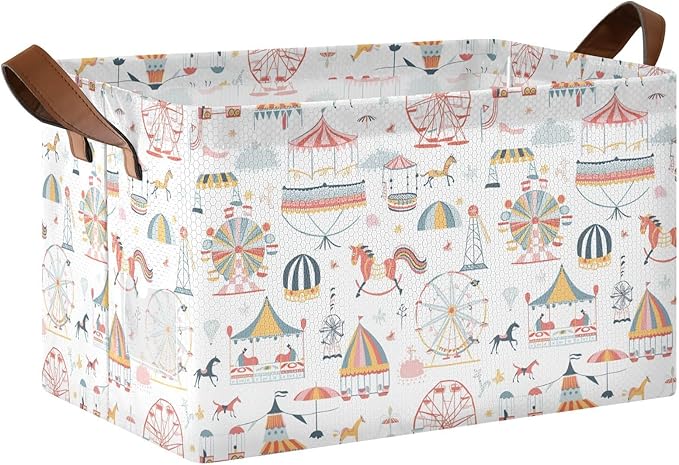 Ferris Wheel Theme Park Baby Storage Basket with Labels&Handles Rectangular Waterproof Nursery Storage Bins Collapsible Shelf Organizer Baskets for Kids Books Cloth Gift Toys Laundry