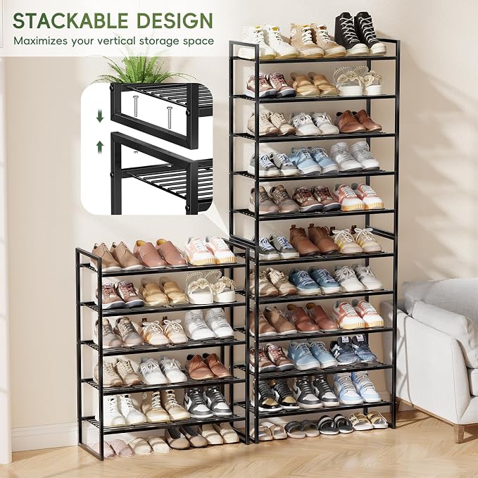 5 Tier Shoe Rack for Closet, 27 Inch Long Square Shoe Storage Organizer for Shelves, Heavy Duty Metal, Easy Assembly Stackable, Black