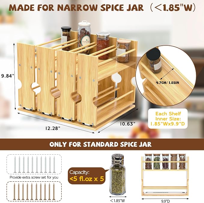 Jolitac Bamboo Pull Out Spice Rack for Cabinet, Slide Out Drawers | Space-Saving, Vertical Organization, Easy to Install, 2.3" Wide, 4 Drawers(1.85" Wide), 2-Tier