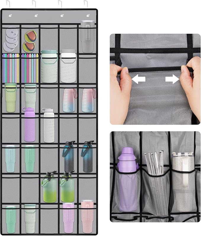 NiHome 35 Pockets Door Hanging Cup Organizer Fit for Stanley Tumblers, Gray | Large Capacity Over the Door Water Bottle Organizer in Kitchen, Pantry, Classroom, Elastic Mesh Secure Storage Cup Holder