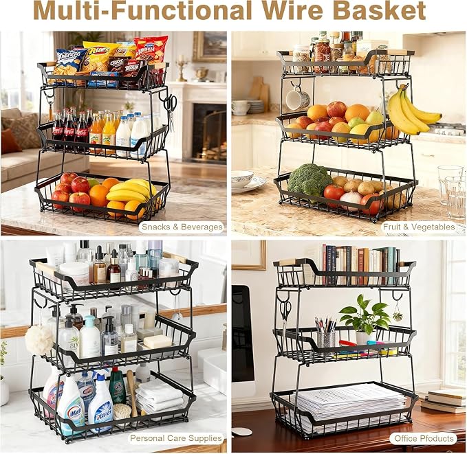 3 Tier Fruit Basket with 2 Banana Hangers for Kitchen Counter | 3-Tier Detachable Design,Metal Wire Construction, Wooden Handle, Large Capacity, Multi-Purpose Organizer,Mesh Basket