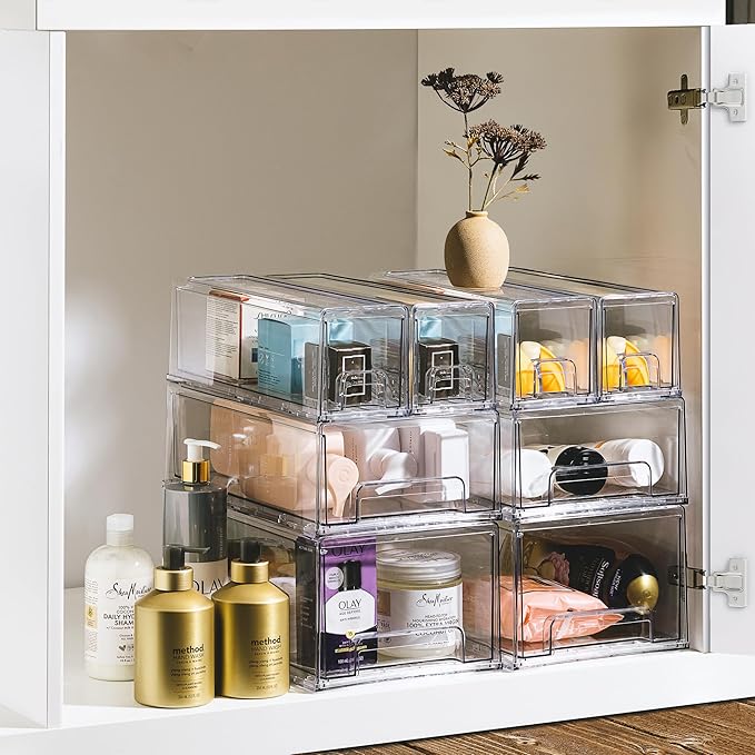 Sorbus Small Clear Stackable Storage Drawers – 6 -Pack Plastic Organizer Bins with Handles – Stackable Pull-Out Storage Drawers for Closet, Pantry, Office, Bathroom, Craft, and Toy Organization