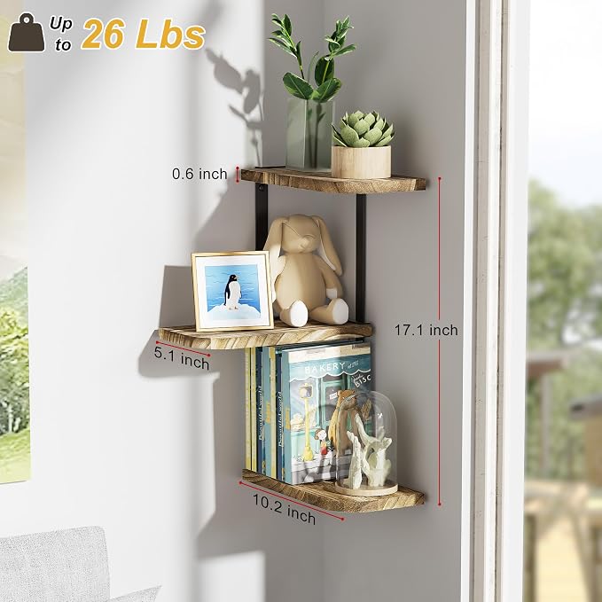 Love-KANKEI Corner Wall Shelf,3-Tier,Solid Wood,17" Tall,Carbonized Black | Easy to Install,26 lb Capacity,Floating Shelves & Brackets,For Bedroom,Living Room,Bathroom.Kitchen,Office Display,Wall Decor