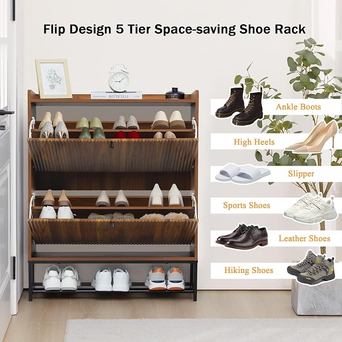 RARZOE Set of 2 Fluted Shoe Cabinets for Entryway with 2 Flip Drawers, Narrow Wood Shoe Cabinet with Fluted Panel, Freestanding Hidden Shoe Rack with Metal Legs for Foyer,Hallway(31.5''Walnut)