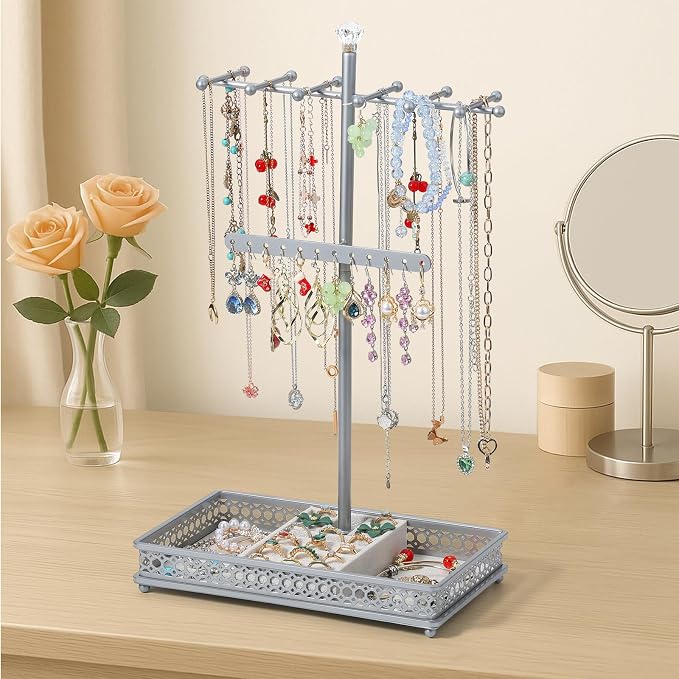 Meangood Jewelry Organizer Stand, 15.6" H Jewelry Tree Display Holder Stand for Bracelets Necklaces Earrings Rings, Gift for Women Girls (Silver)