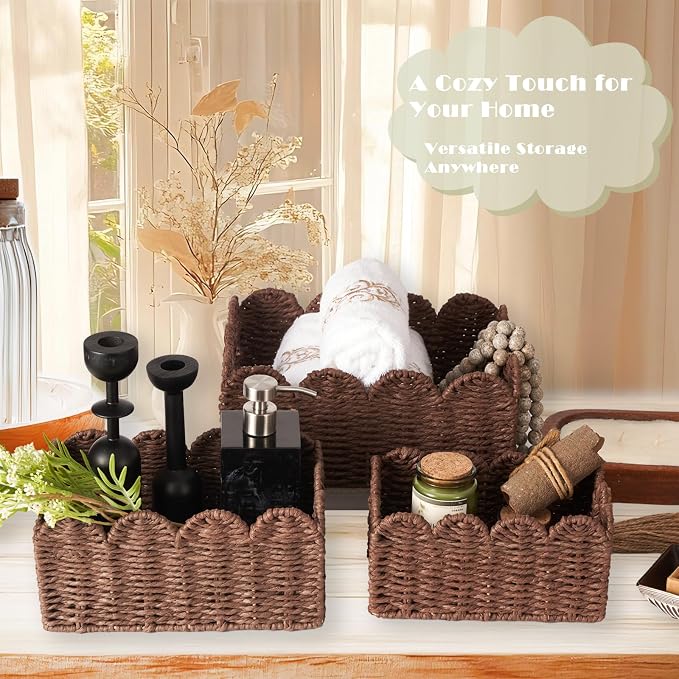 Scalloped Wicker Baskets, Set of 3 Hand-Woven Storage Baskets with Handles - Paper Rope Shelf Organizers & Decorative Baskets for Shelves, Closet, Bathroom (Brown）