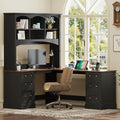 Merax L Shaped Desk Black, Corner Computer Desk with Charging Station & Keyboard Tray, Home Office Desk with File Drawers & Hutch, Space Saving Workstation for Office Study and Gaming