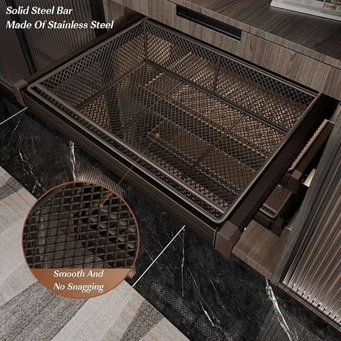 Expandable Cabinet Pull Out Basket,Aluminum Alloy Stackable Storage Bins,Height 6.69In Stackable Shelf Baskets Organizer,for Office Bathroom Bedroom,Brown-33.85-37.79in
