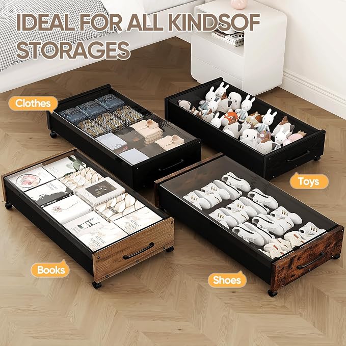 Under Bed Storage with Wheels, 2 Packs Wooden Storage Containers Extra Large Underbed Shoes Organizer, Rolling Under Bed Storage Drawers with Clear Lid, Heavy Duty for Clothes Toys 36"L (Vintage)