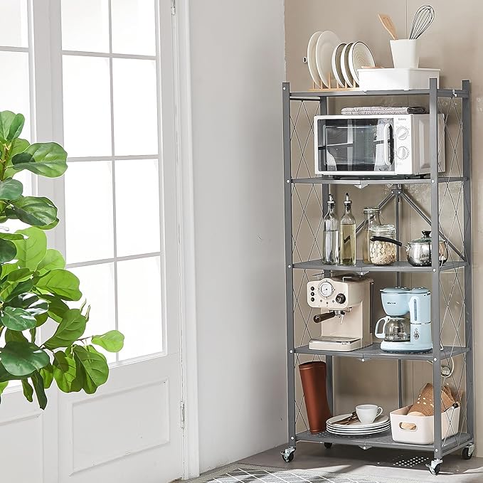 BRIAN & DANY 5-Tier Foldable Storage Shelves with Wheels, Folding Metal Rack Shelving Unit, Heavy Duty No Assembly Organizer Shelf for Garage, Kitchen, Basement, Pantry, Gray