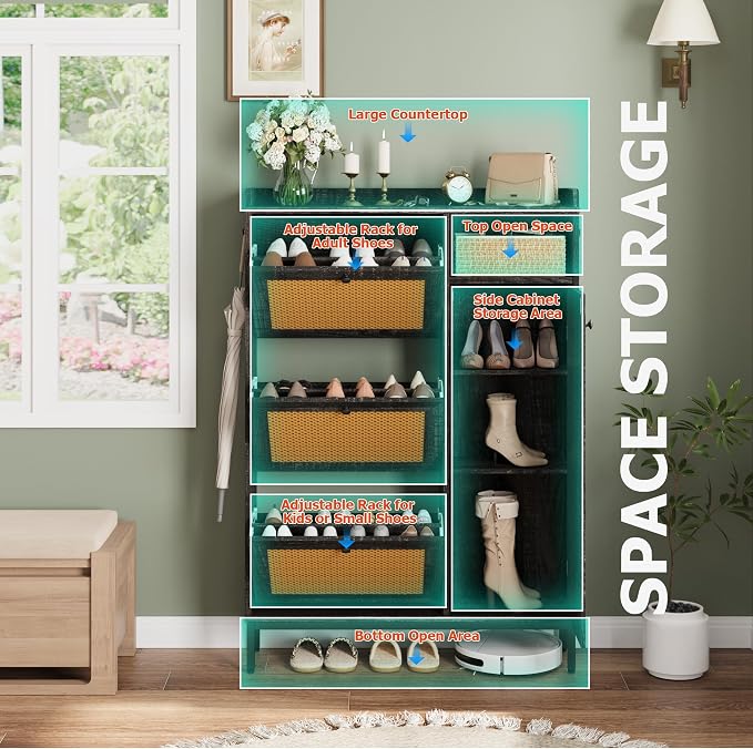 GarveeHome Shoe Cabinet Rattan with 3 Flip Drawers and 4-Tier Shoe Storage Cabinet, Freestanding Shoe Organizer with Adjustable Shelves for Entryway, Closet, Hallway