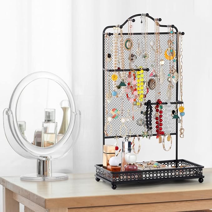 Meangood Black Jewelry Organizer Stand, Earring Holder Rack for Hanging Earrings Necklace Bracelets Watches Jewelry Display Large Rings Storage as Women Gift