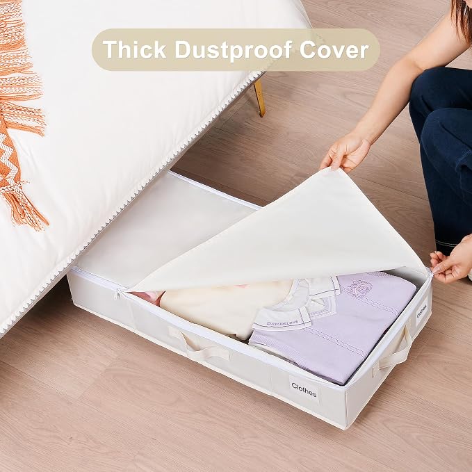 Vincona Under Bed Storage with Wheels, 2 Pack Under Bed Storage Containers with Label Holders for Clothes, Shoes and Blankets, Rolling Underbed Shoe Organizer with Cover, Beige (30.71x15.7x7.28 in)