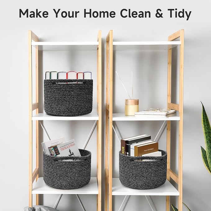 Small Rope Baskets for Storage, Baskets for Gifts Empty, Cute Round Woven Basket, Decorative Shelf Baskets 9.82×9.82×7.1", Cotton Toy Basket Storage Bins for Organizer 3 Packs Black