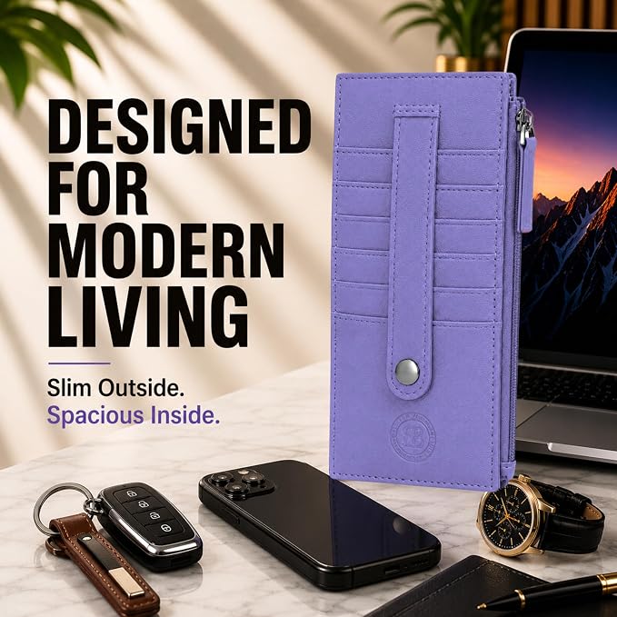 Leatherboss Genuine Leather Women's All in One Credit Business Card Case Holder Slim Zipper Wallet With a Card Protection Strap, Purple