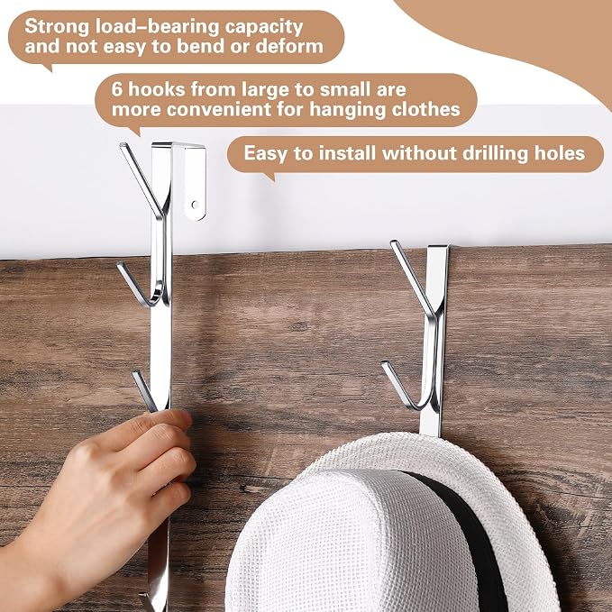 Tandefio 2 Pack 13.8" Over The Door Hook Hanger Comes with 6 Hooks from Large to Small Metal Extra Long Over The Door Hooks Hanger for Hats Rack Coat Scarf Purse Bags Scarf Keys and More (Silver)