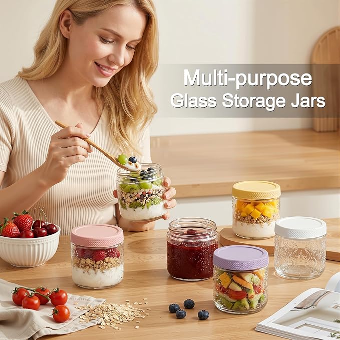 6 pack 16 oz Overnight Oats Containers with Lids, Glass Food Storage Container, Airtight Salad Jars, Mason Jars for Overnight Oats, Yogurt, Oatmeal, Salad, Coffee, Spices