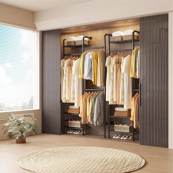 Garvee L2 Wall Mounted Pipe Closet System, Matte Black | Carbon Steel, Expandable Rods 23.62-35.43 in, 3 Wire Shelves, Closet Organizers and Storage