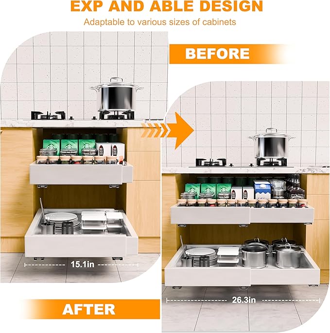 Kiseely 2 Pack Pull Out Cabinet Organizer Expandable, Adjustable Width 12.6"-20.6", Slide Out Drawers and Roll out Drawer for Pots and Pans, Adhesive No Drill Screw (White ND1)