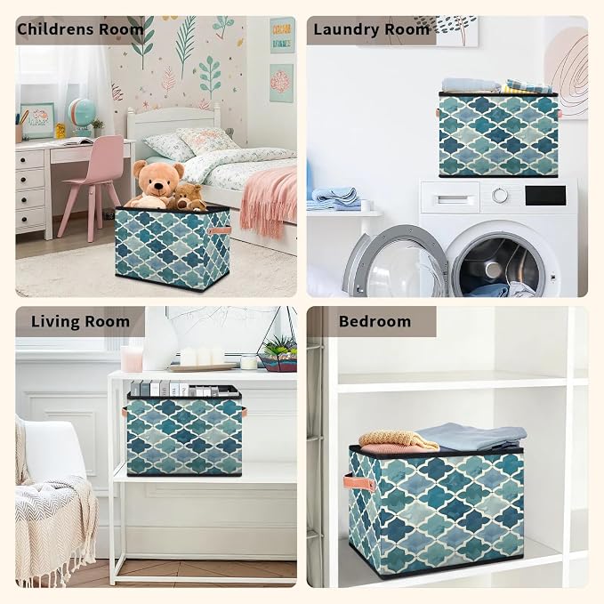 Retro Morocco Tile Closet Storage Bin, Foldable Storage Baskets for Shelves, Decorative Shelf Organizer Geometric Fabric Cube Bin for Living Room Bedroom Home Dorm