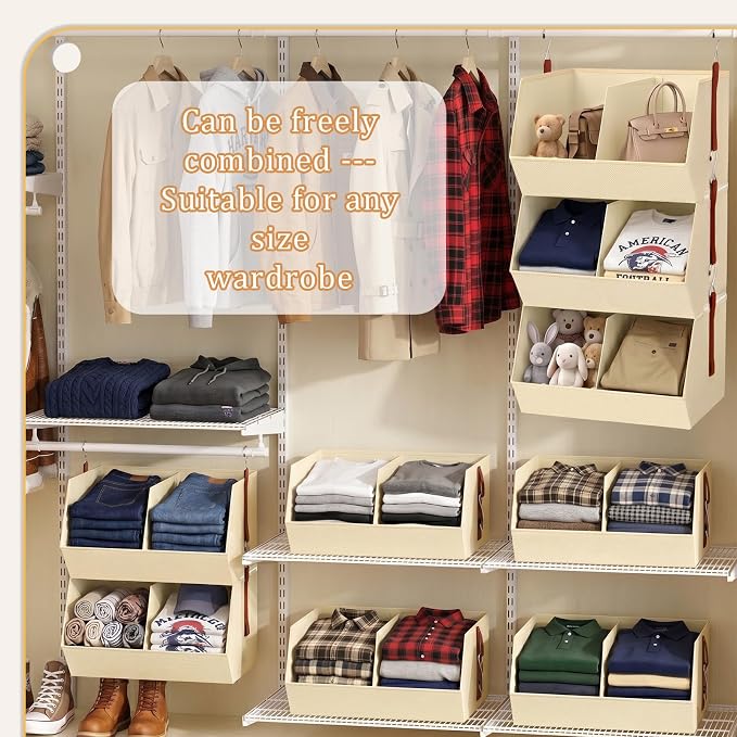 3-Tier Hanging Closet Organizer, Extra Large Fabric Closet Shelves with Zipper, Foldable Closet Storage Organizer for Clothes, Handbags, Socks, Underwear, Dorm Room and RV, Beige - 2 Pack