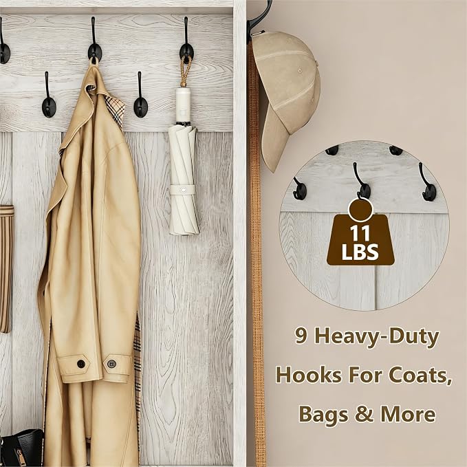 Einhomn 5-in-1 Hall Tree with Bench and Shoe Storage, 51" W Entryway Organizer Coat Rack with 9 Hooks, 2 Storage Cabinets, Drawer, Open Cubbies for Mudroom, Hallway, Living Room, Rustic White